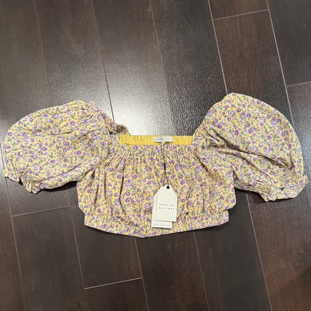 English Factory Yellow and Purple Floral Puff Sleeve Top